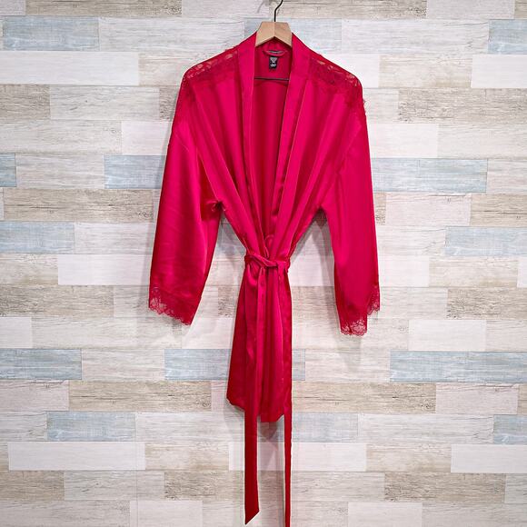 Victorias Secret Satin Lace Lingerie Robe Red Tie Waist Intimates Womens Medium - Picture 1 of 8
